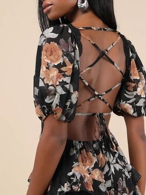 Lulu's Black Midi Dress with Tan Floral Print